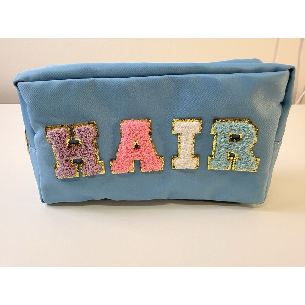 New Blue Hair Makeup Cosmetic Toiletries Travel Bag Letter Patch Design Pouch